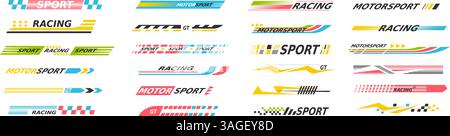 Racing car stripes. Speed race cars motosport line strip stickers, auto motorcycle side decal bars design motorbike flag stickers checker pattern cartoon classy vector illustration original artwork Stock Vector