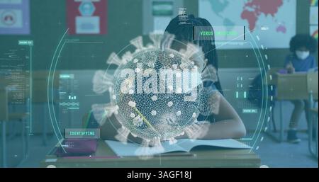 Scope scanning over covid-19 cells against school girl wearing face mask studying at school Stock Photo