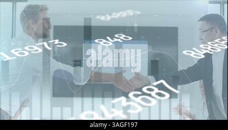 Financial data processing and changing numbers against two business man shaking hands at office Stock Photo