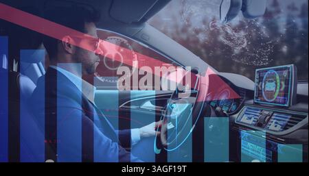 Image of information displays with man using self driving car Stock Photo