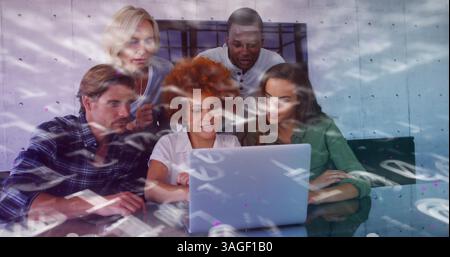Image of binary coding over group of students using laptop Stock Photo