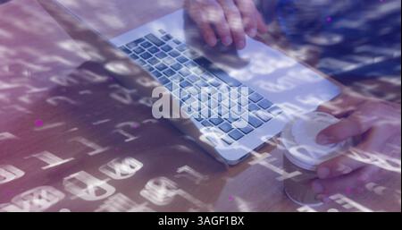 Image of binary coding numbers changing over person using laptop Stock Photo