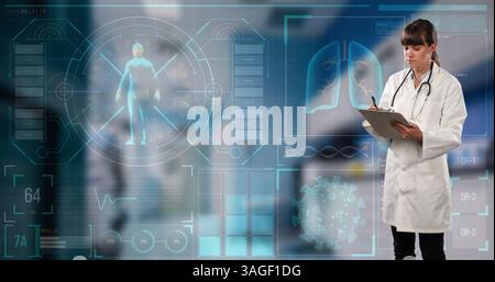 Medical data processing against caucasian female doctor writing on clipboard Stock Photo