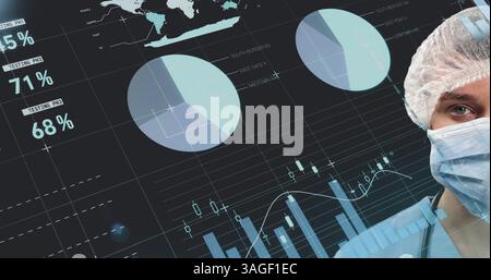 Statistical data processing against portrait of female surgeon wearing face mask Stock Photo