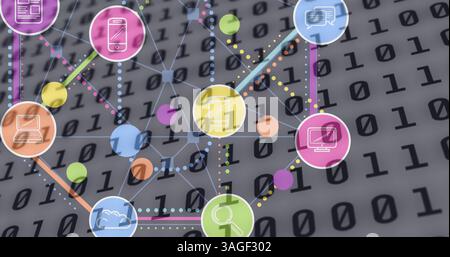 Image of network of digital icons over binary coding on grey background Stock Photo