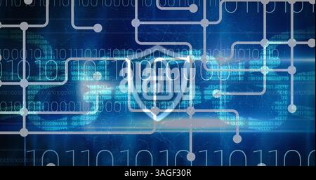 Image of digital online security padlock icon, binary coding over network of connections Stock Photo