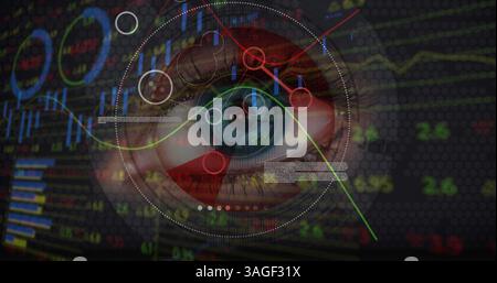 Image of financial data processing and scope scanning over woman's eye Stock Photo