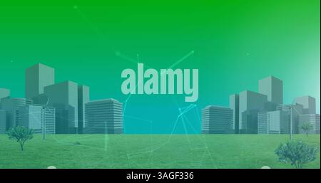 Image of networks of connections over cityscape on green background Stock Photo