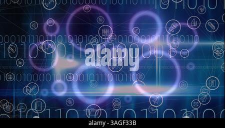Image of digital icons and binary coding over purple glowing circles in background Stock Photo