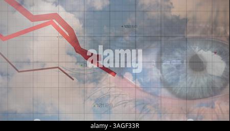 Image of financial data processing with red lines over woman's eye and clouds Stock Photo