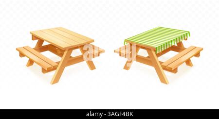 Realistic picnic table. 3d wooden table with tablecloth and wood bench summer camping bbq grill spring dinner on nature backyard garden outdoor furniture exact vector illustration original artwork Stock Vector