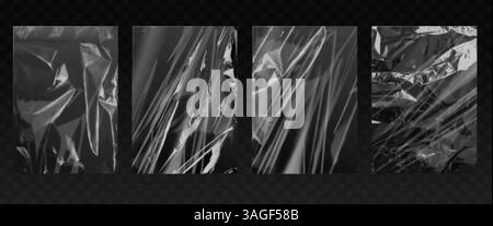 Polyethylene film. Plastic clear wrap protection, cellophane films material transparent wrinkle texture, crumpled foil paper overlay effect, realistic exact vector illustration original artwork Stock Vector