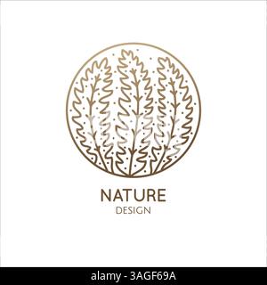 Herbaceous plant logo. Outline emblem of dandelion leaves in a circle in linear style. Vector abstract badge for design of natural products, flower sh Stock Vector