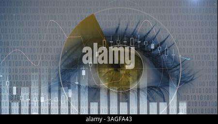 Image of statistics and scope scanning with binary coding over woman's eye in background Stock Photo