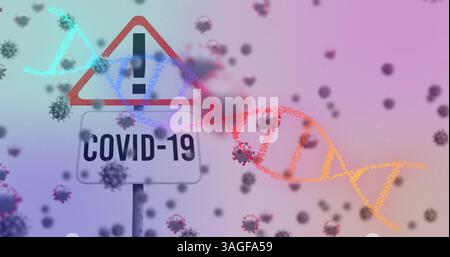 Image of warning road sign and covid 19 text over covid 19 cells and dna strand spinning Stock Photo