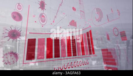 Coronavirus statistical data processing over grid network against cityscape in background Stock Photo