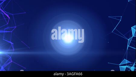 Image of networks of connections spinning over glowing spot of light on blue background Stock Photo