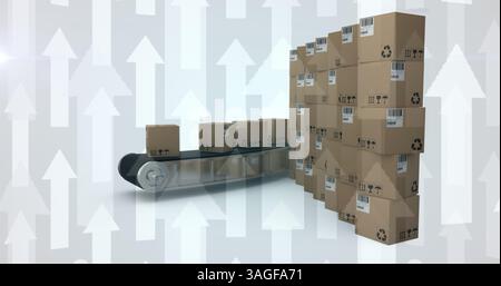 Image of white arrows over stacked cardboard boxes and on conveyor belt on white background Stock Photo