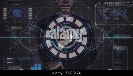 Data processing and scope scanning over caucasian man touching futuristic screen Stock Photo