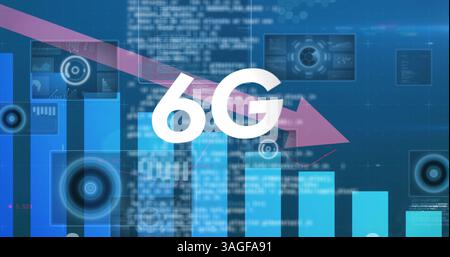Image of 6g text, data processing and scopes scanning on screens over pink arrow descending Stock Photo