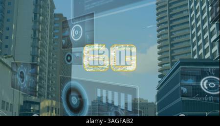 Image of 6g text, data processing and scopes scanning on screens over cityscape Stock Photo