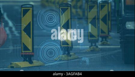 Image of 6g text, data processing and scopes scanning on screens over busy road Stock Photo