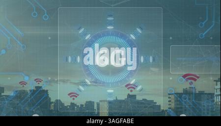Image of 6g text, data processing and scopes scanning on screens over cityscape Stock Photo