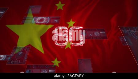 Image of 6g text, data processing and scopes scanning on screens over chinese flag Stock Photo