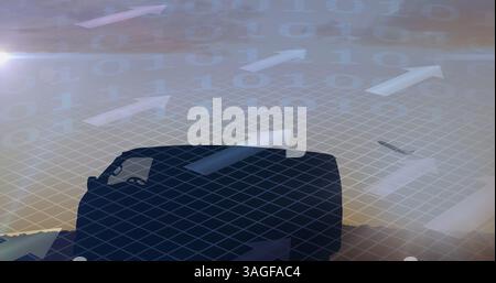 Image of white arrows, binary coding, van and delivery man with cardboard boxes Stock Photo