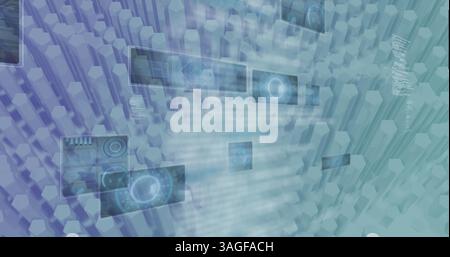 Image of 6g text with scopes and data processing on screens over 3d blocks moving Stock Photo