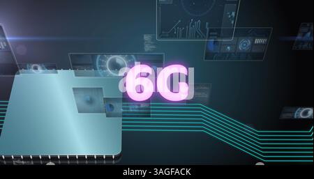 Image of 6g text, data processing and scopes scanning on screens over computer processor Stock Photo