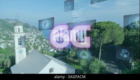 Image of 6g text, data processing and scopes scanning on screens over landscape Stock Photo