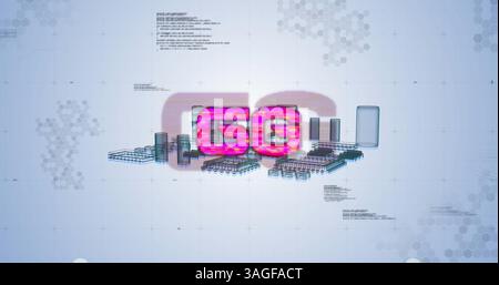 Image of 6g text, data processing and computer processor over light blue background Stock Photo