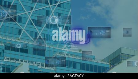 Image of 6g text, data processing and scopes scanning on screens over modern building Stock Photo