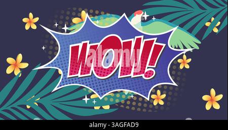 Digital image of wow text on retro speech bubble against exotic bird and floral designs Stock Photo