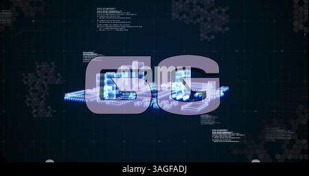 Image of 6g text, data processing and computer processor spinning Stock Photo