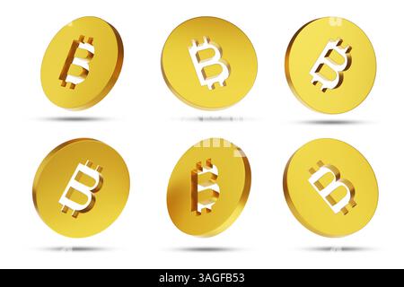Bitcoins floating in the air in different positions, isolated on a white background. 3D illustration. Stock Photo