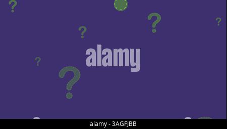Image of green question marks flying up over purple background Stock Photo