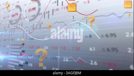 Image of online orange question mark icons moving over financial data processing Stock Photo