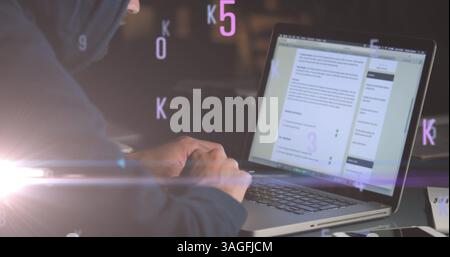 Image of floating numbers and letters over caucasian man using laptop Stock Photo