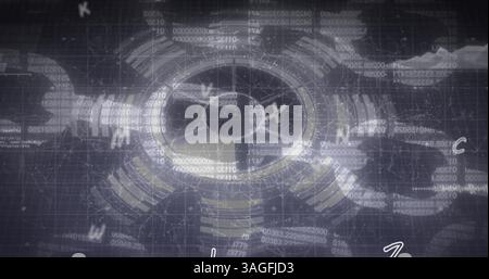 Image of floating letters over scientific data processing on black background Stock Photo