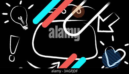 Image of speech bubble with copy space, pulsating shapes and icons on black background Stock Photo