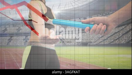 Red graphs moving over grid network against silhouette of hand passing a baton against sports field Stock Photo