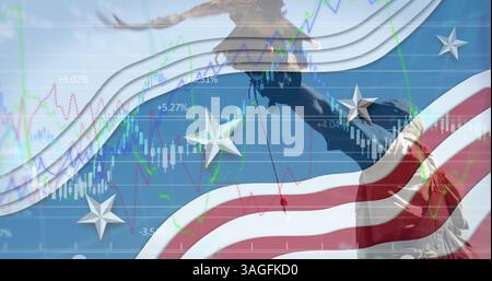 Financial data processing and american flag design pattern against eagle sitting on hand of man Stock Photo