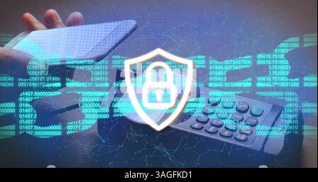 Image of block chain and security padlock on shield over smartphone and payment terminal Stock Photo