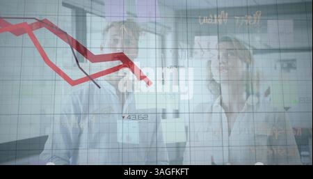 Image of financial data processing with red lines over businessman and businesswoman Stock Photo