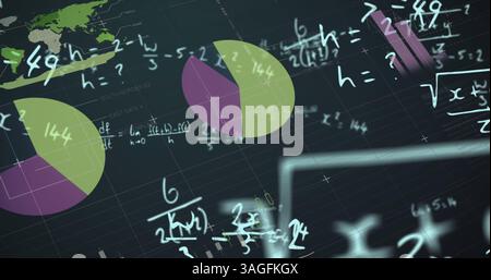Image of stastistics over mathematical equations on green background Stock Photo