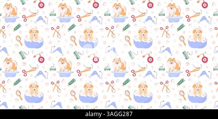 Cute seamless pattern with dogs in the bathtub, foam, soap bubbles, pet beauty salon concept, cosmetic accessories for dogs. Background for a pet grooming salon. Packaging, textiles, animal clothing. Stock Vector