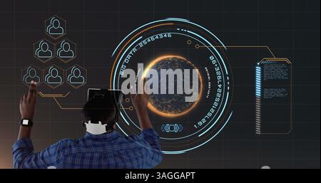 Interacting with virtual interface, person using VR headset over digital globe image Stock Photo