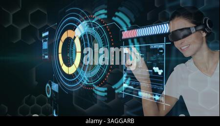 Using virtual reality headset, woman interacting with futuristic digital interface image Stock Photo